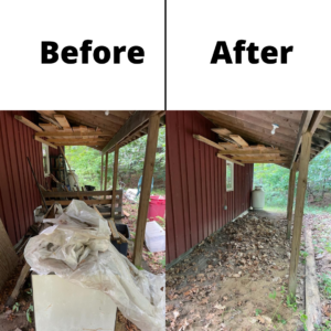 A before and after photo showing the outside of a red shed. On the left you can see junk and clutter, w