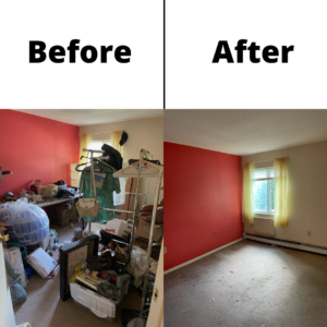 A before and after shot of a red room after junk removal. You can see furniture and junk cluttering the room on the left, and a cleared out room on the right.