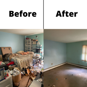 A before and after photo of a light blue room's junk removal. You can see a room filled with debris and old furniture on the left, and a cleared out room on the right.