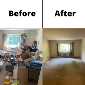 A before and after picture showcasing the effects of a property cleanout on a room. On the left, you can see a room filled with clutter and junk, while on the right you can see a room free of it.