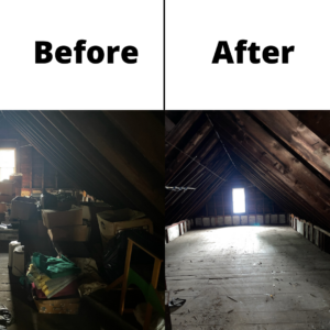 A before and after photo of an attic cleanout. The before photo on the left shows a room filled with junk and the right shows a room free of it.
