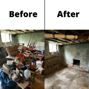 A before and after picture showing a basement being cleaned of debris and junk. The before shot on the left shows a room filled with junk and the after shot shows a clean room.