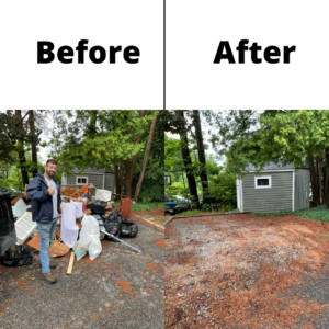 A before and after photo of a junk removal service. On the left you can see a yard filled with debris and a man doing a thumbs up. On the right, you can see the yard free and clear of debris.