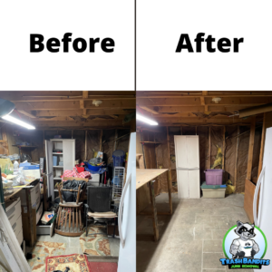 A before and after photo of a basement cleanout. You can see a narrow room with a lot of old furniture and junk on the left, and an empty room with only a shelf and a wooden table on the right.