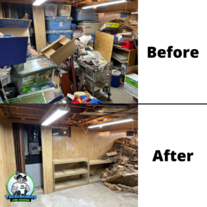 A before and after photo of a basement cleanout. On the top layer you can see a basement filled with large tubs, boxes and debris, while on the bottom you can see an empty room with wooden walls and concrete flooring.