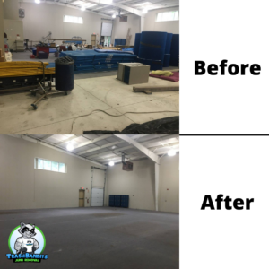 A before and after picture of a warehouse cleanout. You can see piles of gym mats and other equipment on the top photo, and an empty and clean warehouse on the bottom.
