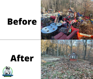 A before and after photo of junk removal in a wooded backyard. The yard is covered in clutter in the top image, and then nothing but leaves and grass can be seen in the below photo.