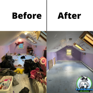 A before and after photo of a cluttered pink attic on the left, and an empty one on the right.
