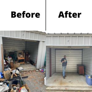 A before and after photo of a cluttered storage unit on the left, and a completely empty one with a man standing and giving a thumbs up on the right.