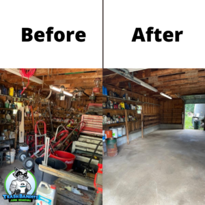 A before and after photo of a cluttered garage on the left and a cleared out garage on the right.